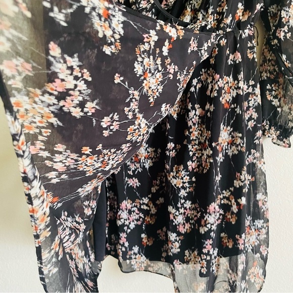 Time and Tru floral fall mini dress Medium black chiffon ruffle sleeves feminine - Picture 6 of 11